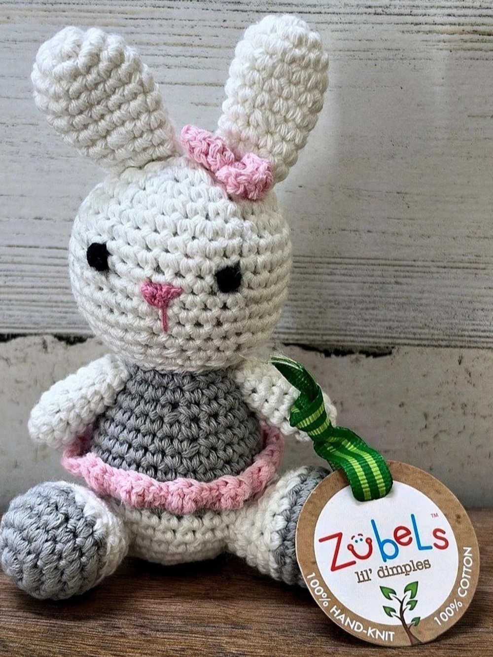 Zubels Lil' Dimples Bunny Hand-Knit Cotton Bunny Rattle Plush NWT